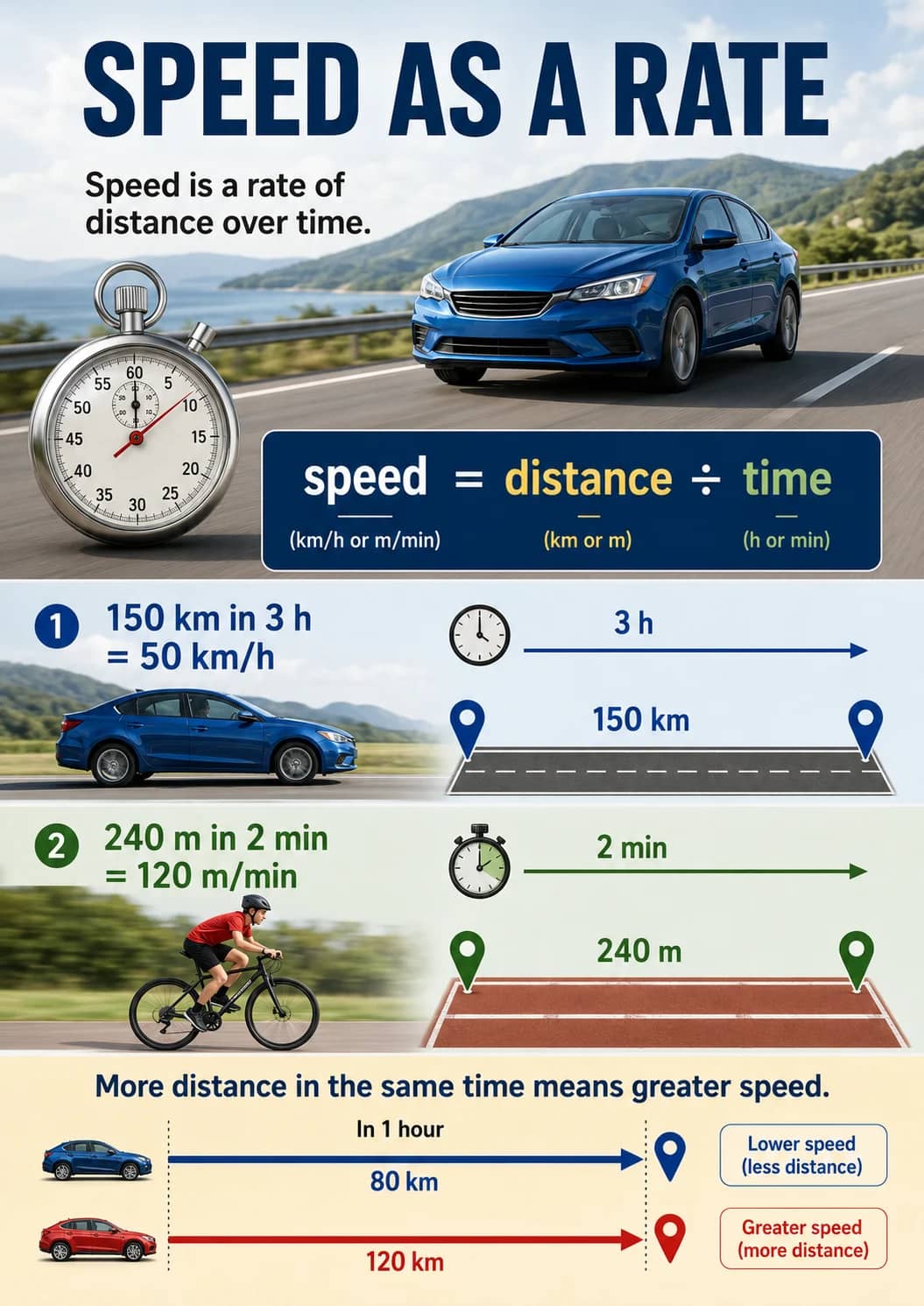 Speed As a Rate infographic poster showing Speed is a rate of distance over time. and More distance in the same time means greater speed....