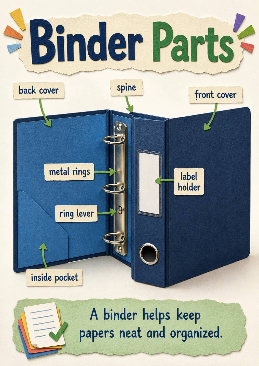 Binder parts infographic poster showing A binder helps keep papers neat and organized. for Office Supplies.