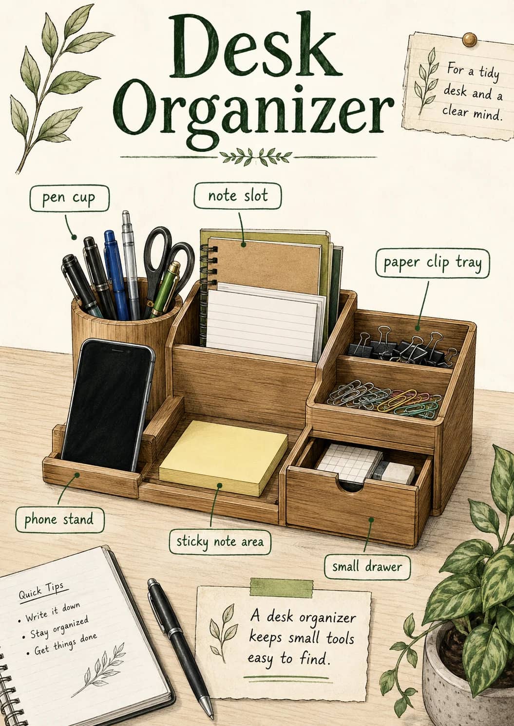 Desk organizer infographic poster showing For a tidy desk and a clear mind. for Office Supplies.