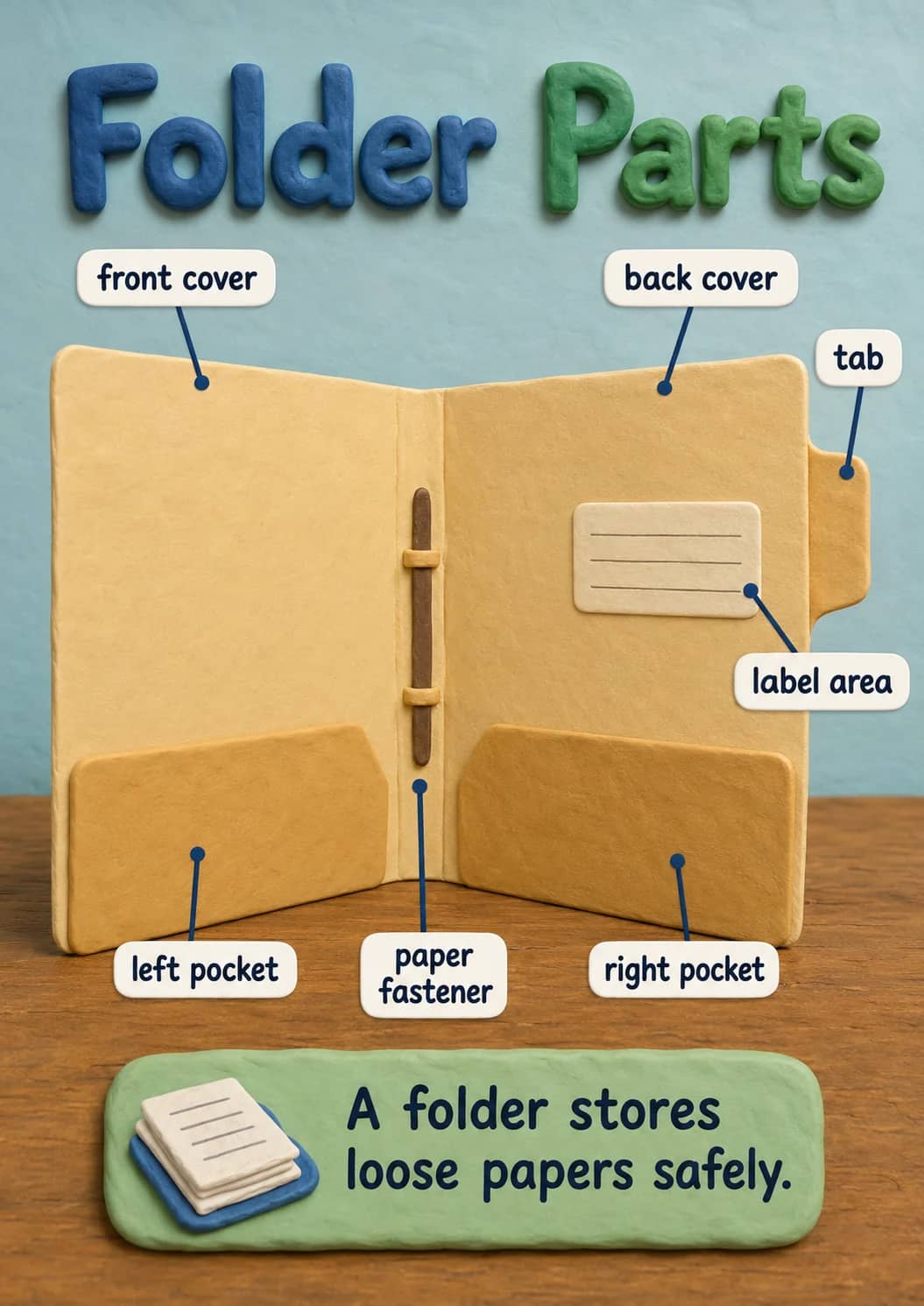 Folder parts infographic poster showing A folder stores and loose papers safely. for Office Supplies.