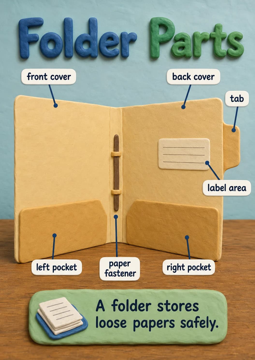 Folder parts infographic poster showing A folder stores and loose papers safely. for Office Supplies.