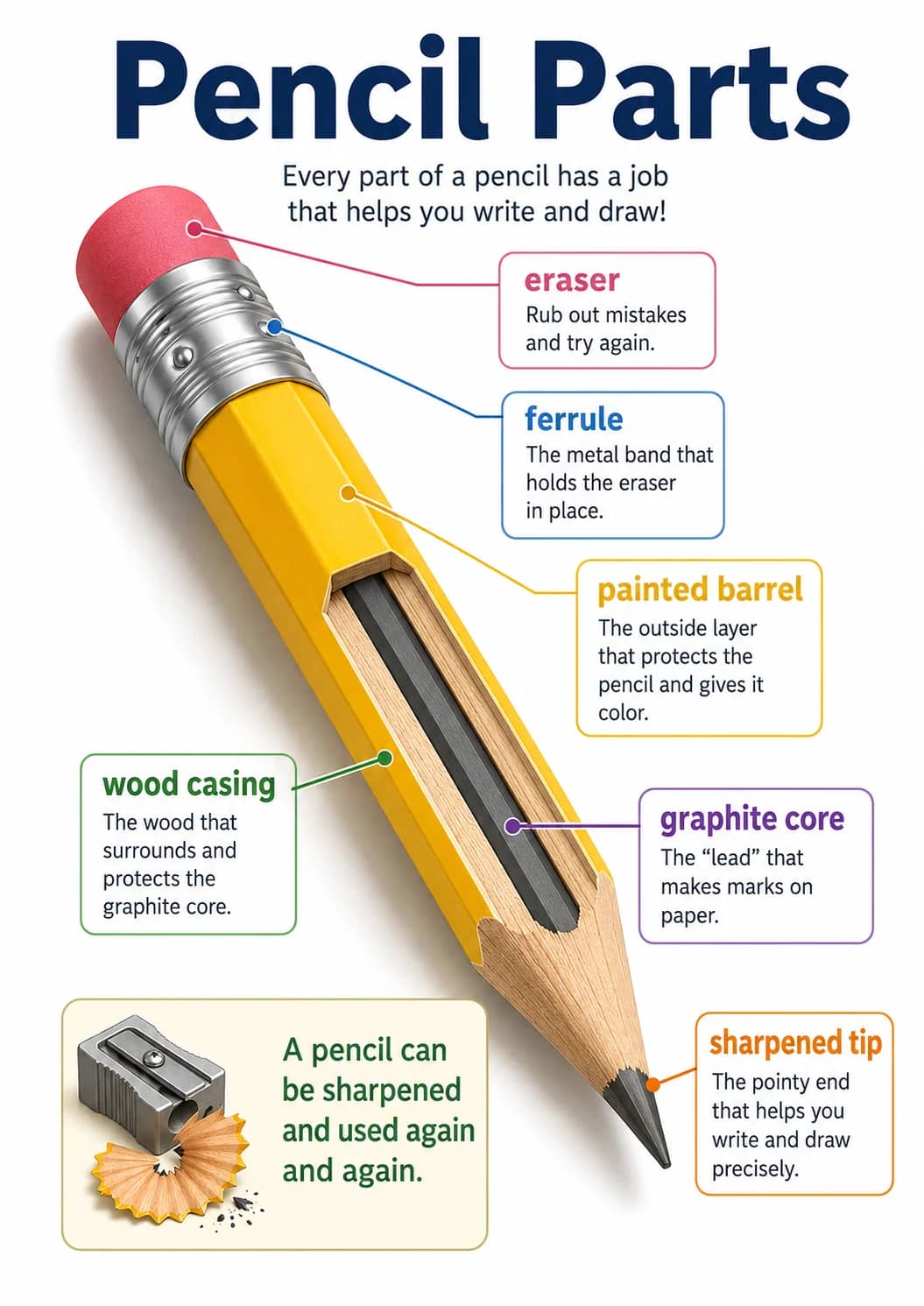 Pencil parts infographic poster showing Every part of a pencil has a job that helps you write and draw!, eraser, Rub out mistakes and try...