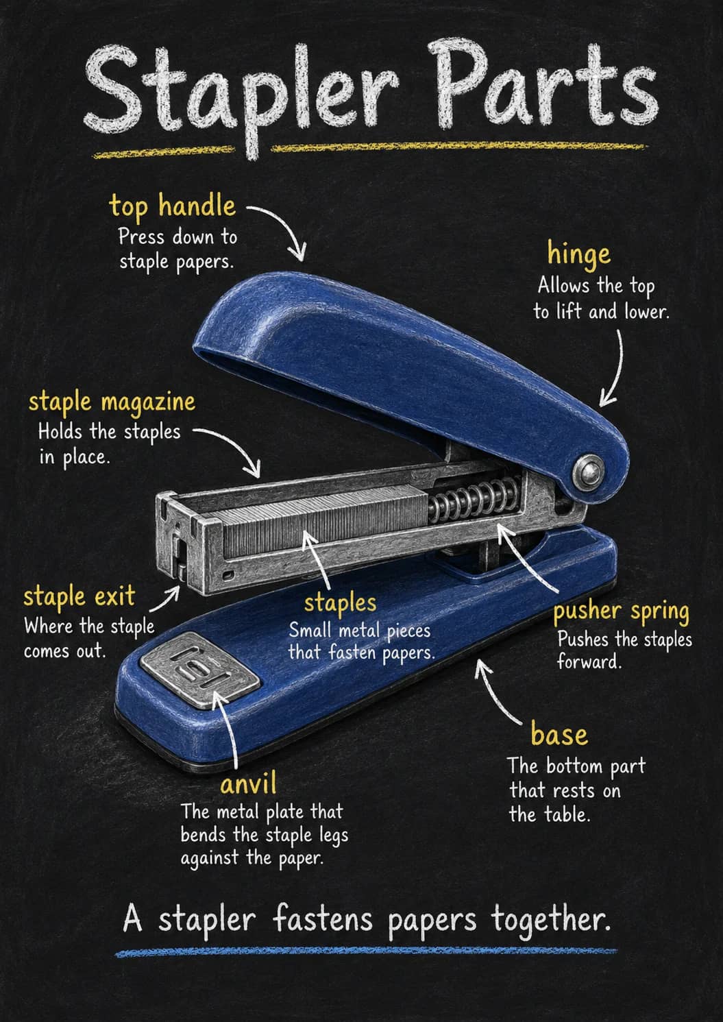 Stapler parts infographic poster showing top handle, Press down to staple papers., hinge, Allows the top to lift and lower. and staple...