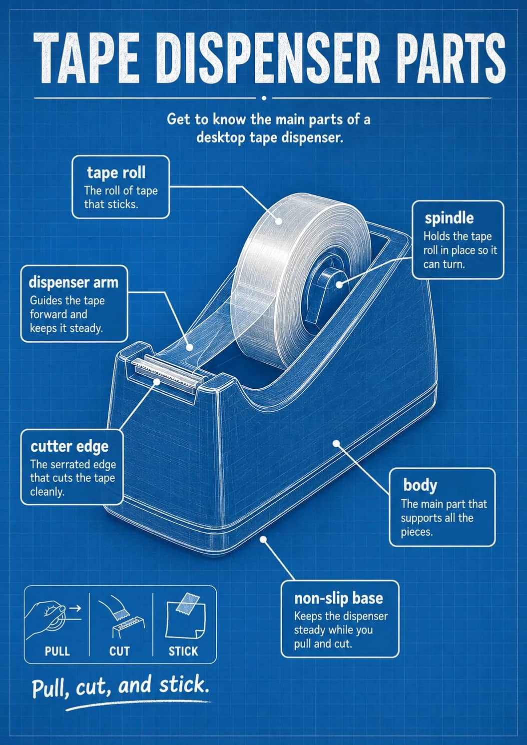Tape dispenser parts infographic poster showing Get to know the main parts of a desktop tape dispenser. and Pull, cut, and stick. for...