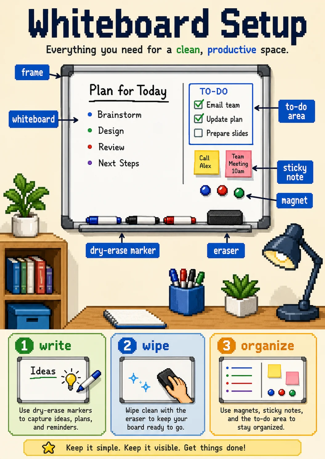Whiteboard setup infographic poster showing Everything you need for a clean, productive space., 1 write, Use dry-erase markers to capture...