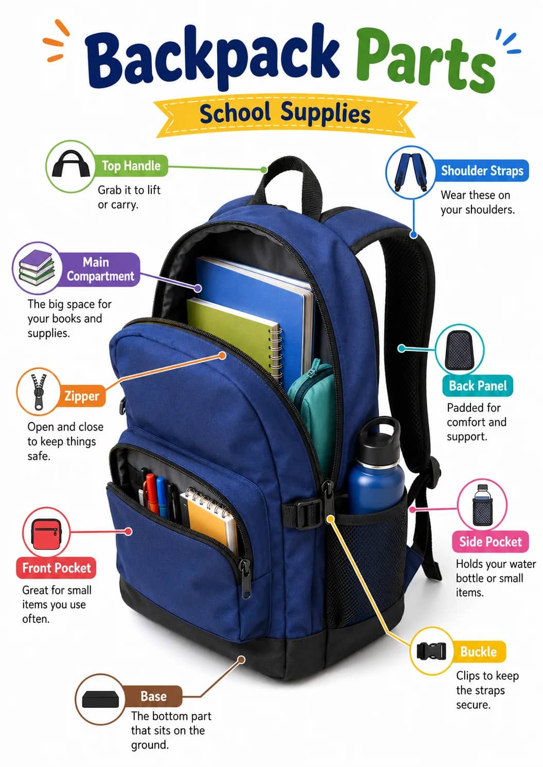 Backpack parts infographic poster showing Top Handle, Grab it to lift or carry., Shoulder Straps, Wear these on your shoulders. and Main...