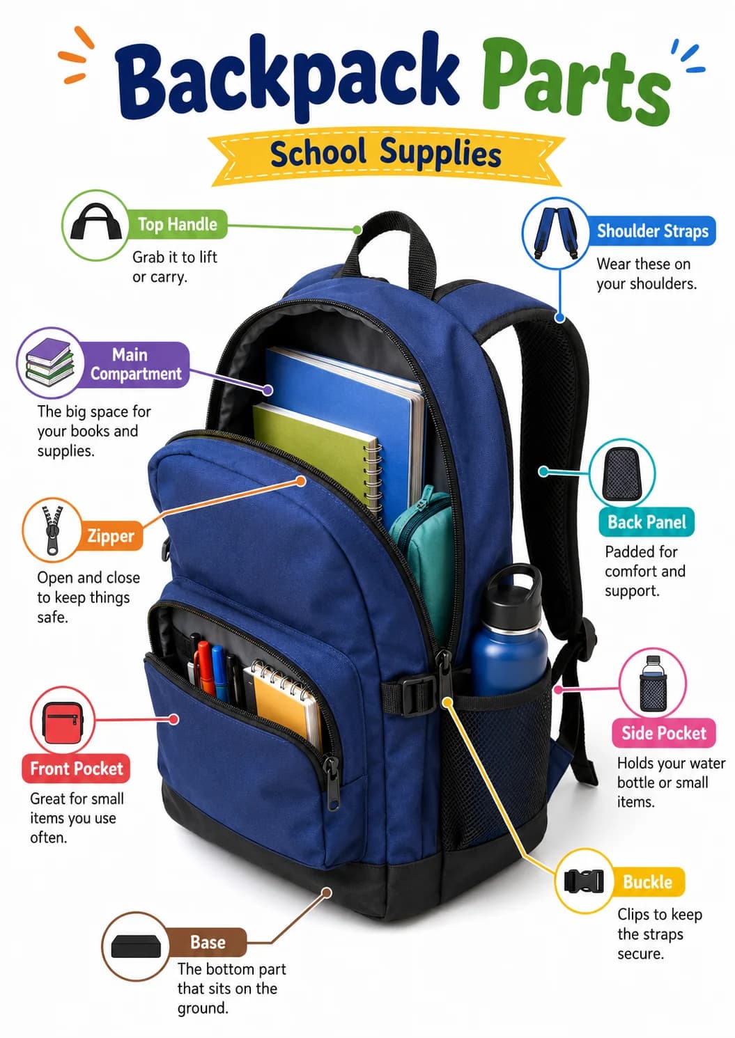 Backpack parts infographic poster showing Top Handle, Grab it to lift or carry., Shoulder Straps, Wear these on your shoulders. and Main...