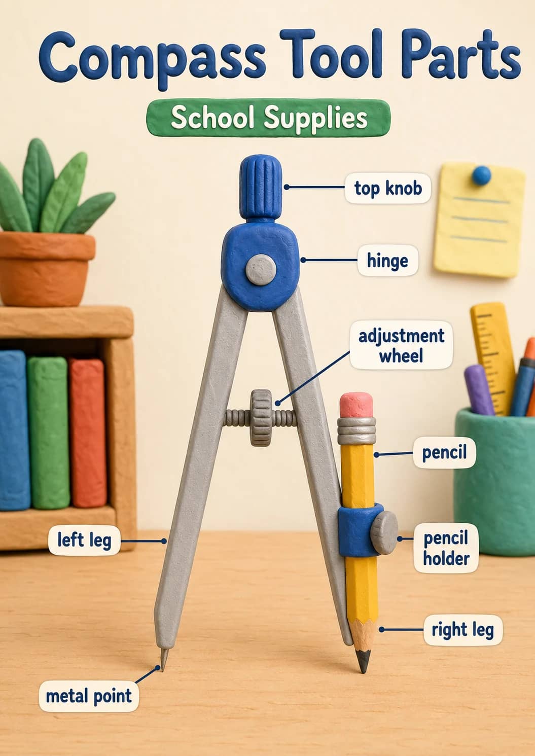 Compass tool parts infographic poster showing Compass Tool Parts and School Supplies for School Supplies.