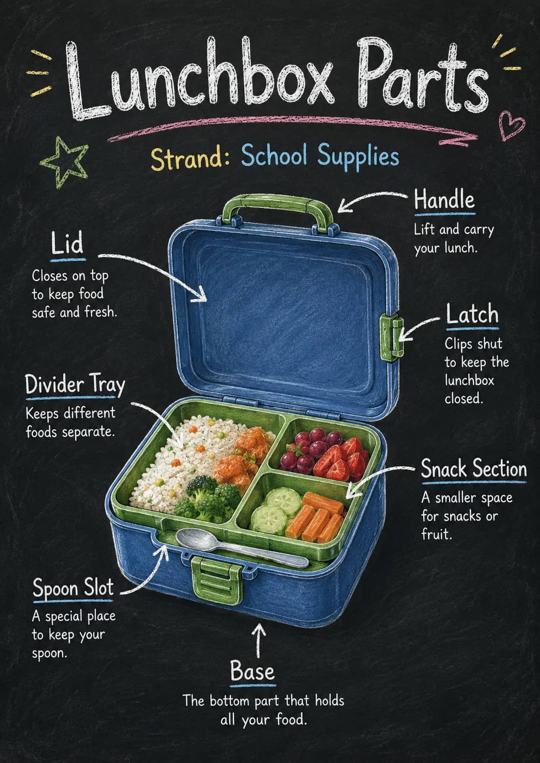 Lunchbox parts infographic poster showing Strand: School Supplies for School Supplies.