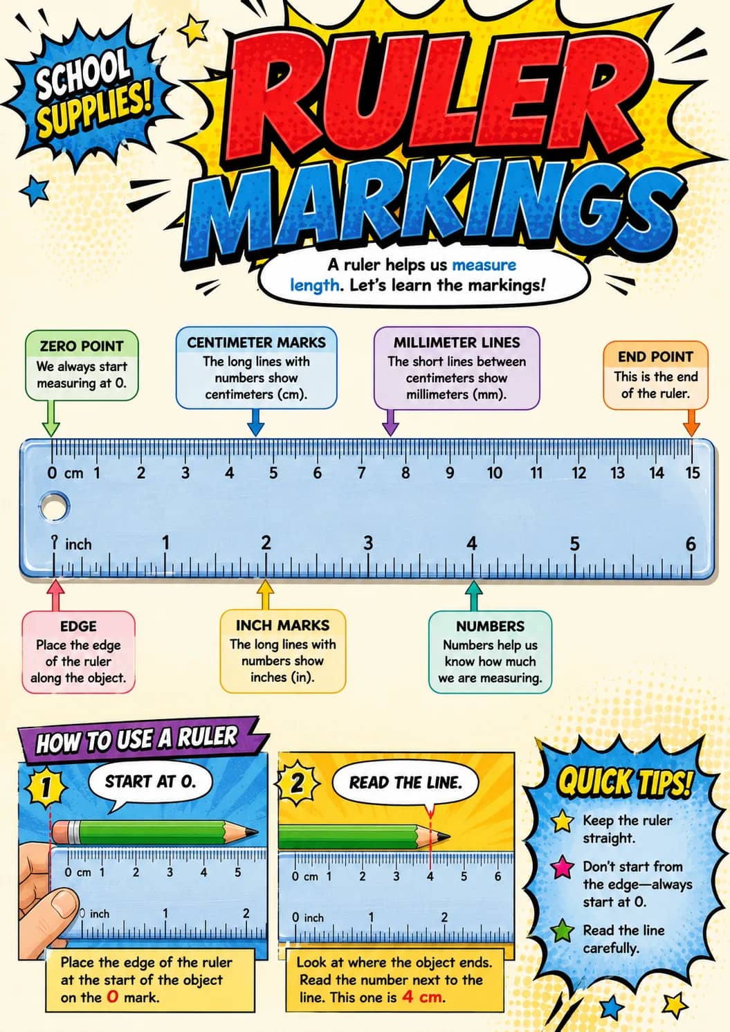 Ruler markings infographic poster showing Ruler markings for School Supplies.