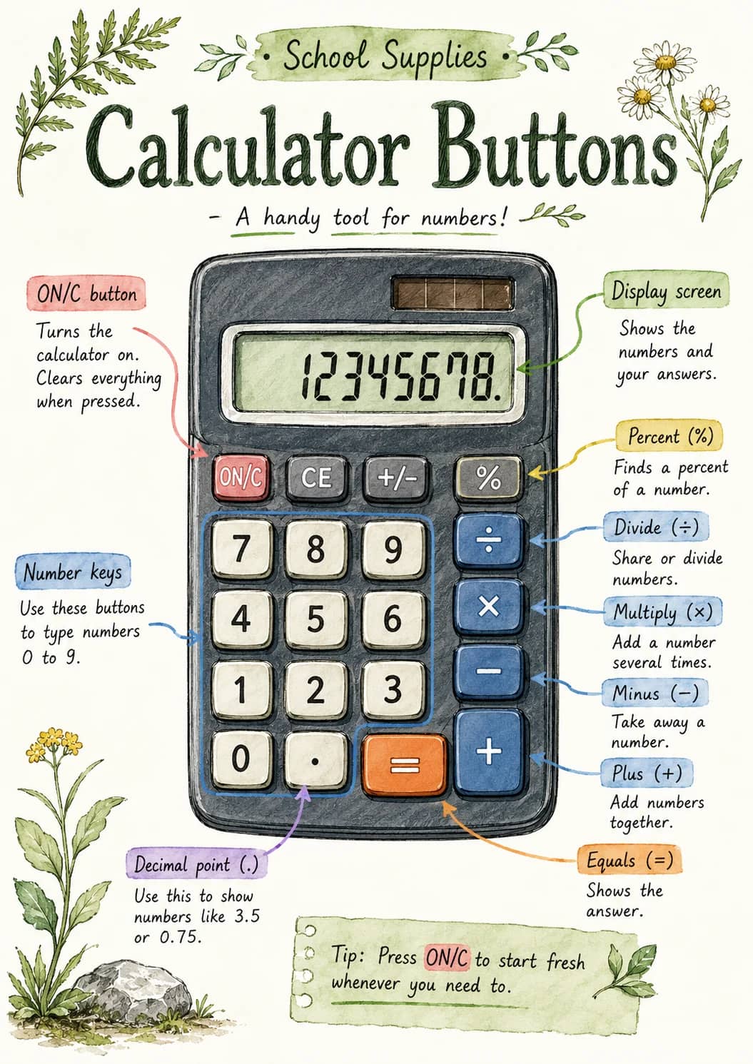 School Supplies infographic poster showing Calculator Buttons, - A handy tool for numbers!, ON/C button, Turns the calculator on. Clears...