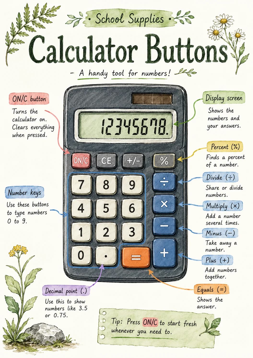 School Supplies infographic poster showing Calculator Buttons, - A handy tool for numbers!, ON/C button, Turns the calculator on. Clears...