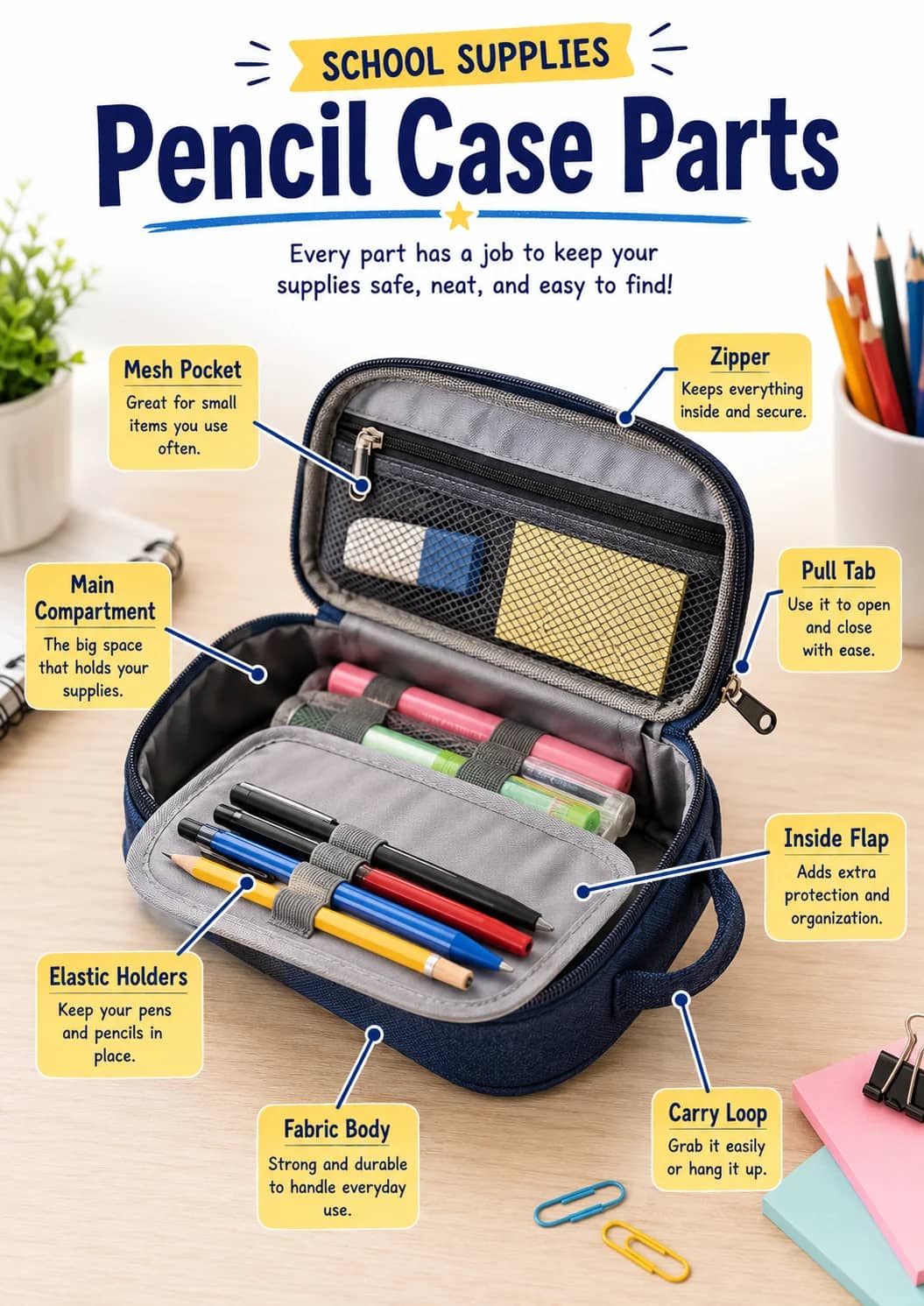 School Supplies infographic poster showing Pencil Case Parts and Every part has a job to keep your supplies safe, neat, and easy to find!...