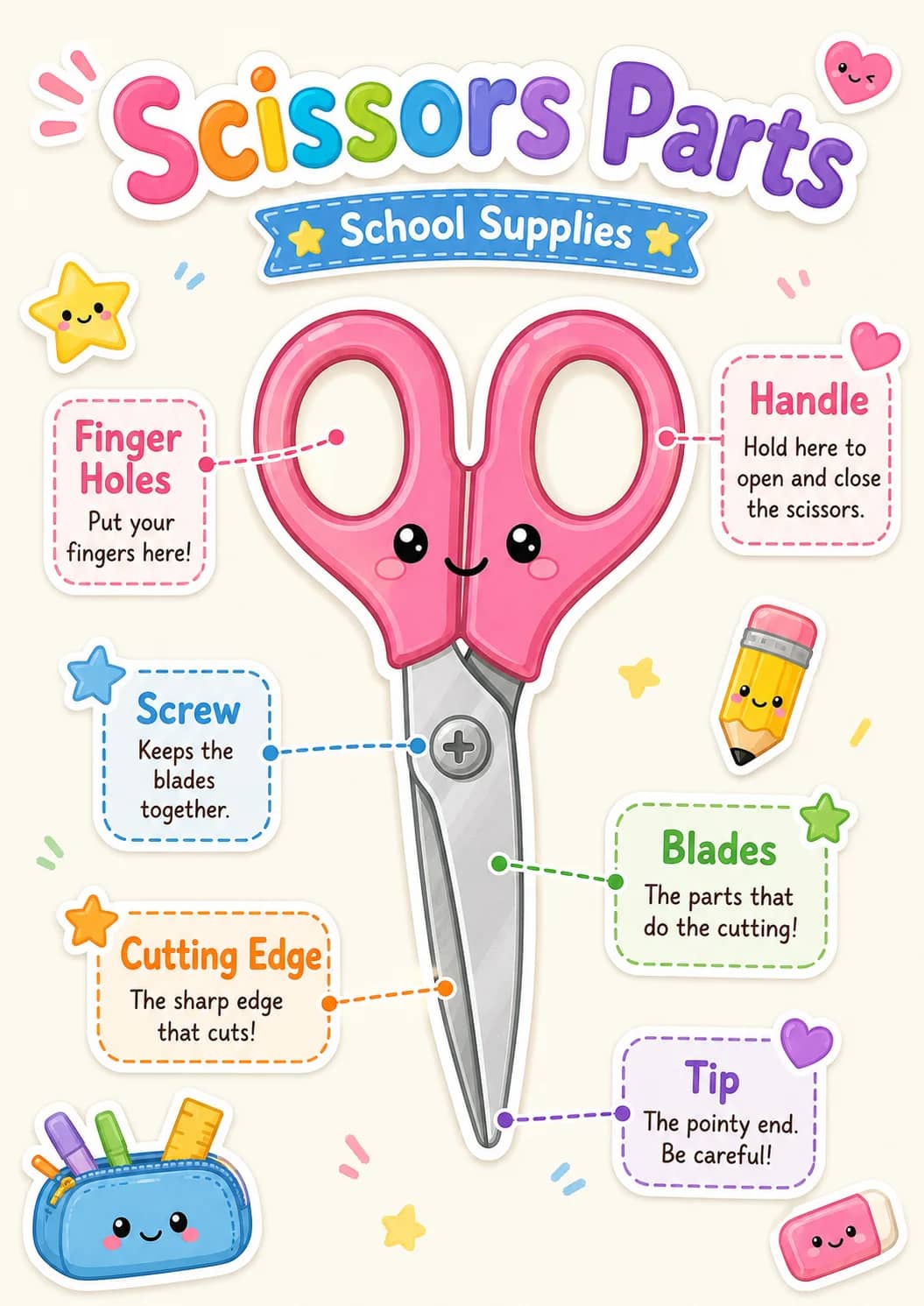 Scissors Parts infographic poster showing ★ School Supplies ★, Finger Holes, Put your fingers here!, Handle and Hold here to open and...