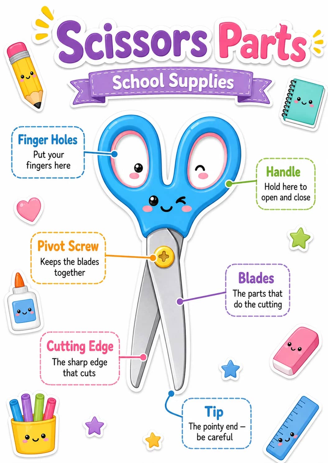 Scissors parts infographic poster showing Finger Holes, Put your fingers here, Handle, Hold here to open and close and Pivot Screw for...