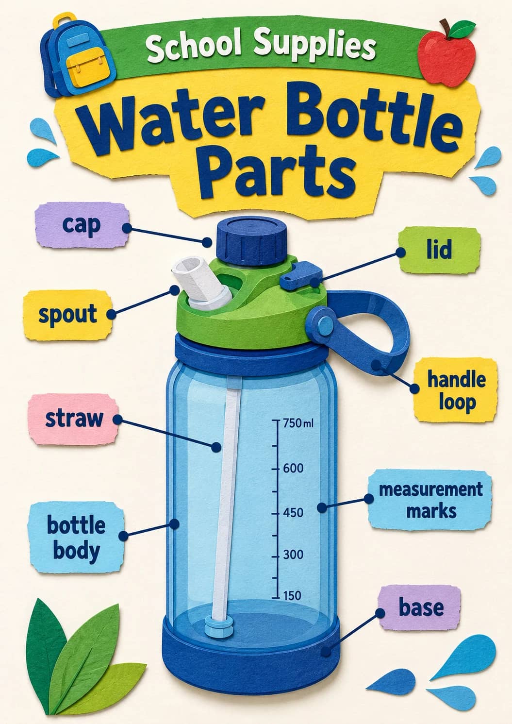 Water bottle parts infographic poster showing School Supplies and Water Bottle Parts for School Supplies.