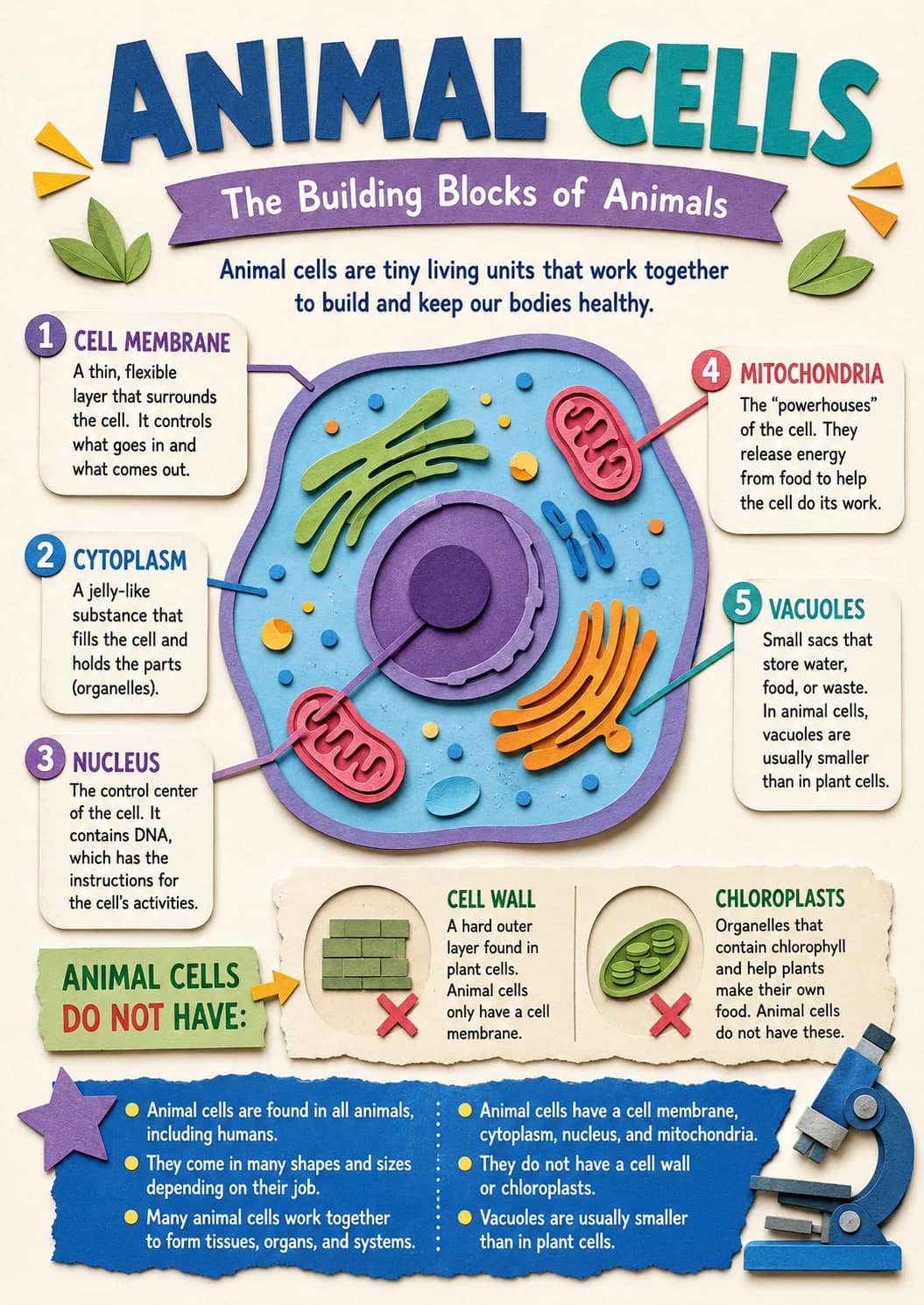 4 Mitochondria infographic poster showing ANIMAL CELLS, The Building Blocks of Animals, 1 CELL MEMBRANE, 2 CYTOPLASM and A jelly-like...