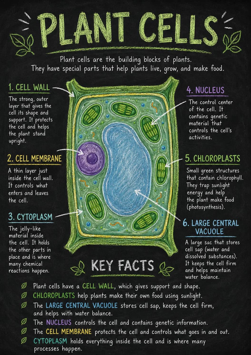 4. Nucleus infographic poster showing PLANT CELLS, Plant cells are the building blocks of plants., They have special parts that help...