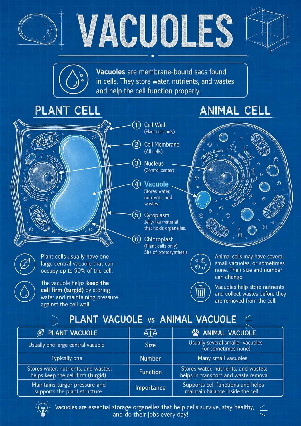 Animal cells infographic poster showing VACUOLES, PLANT CELL, ① Cell Wall, ② Cell Membrane and ③ Nucleus for Cells.