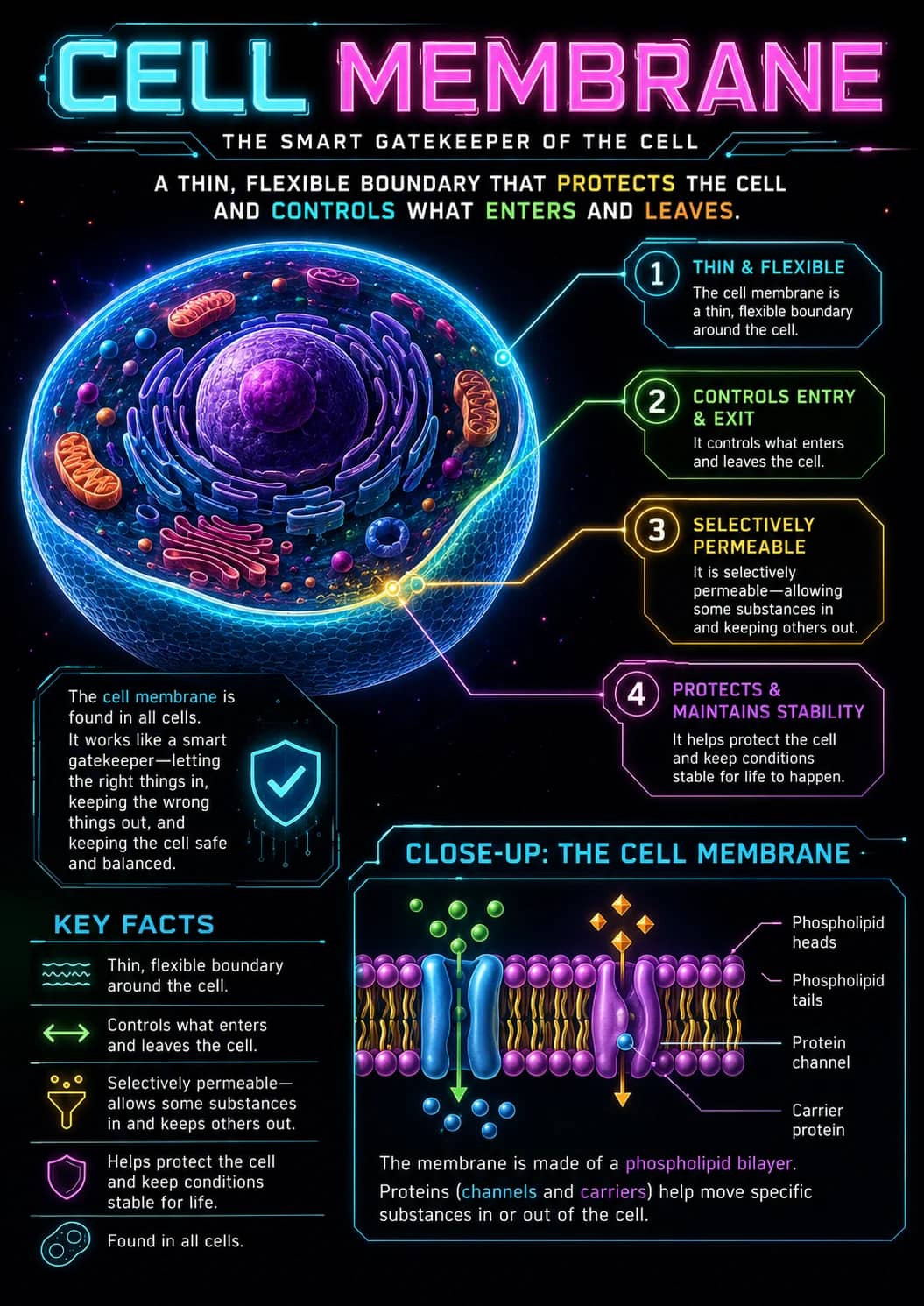 Cell Membrane infographic poster showing THE SMART GATEKEEPER OF THE CELL, 1 THIN & FLEXIBLE, The cell membrane is a thin, flexible...
