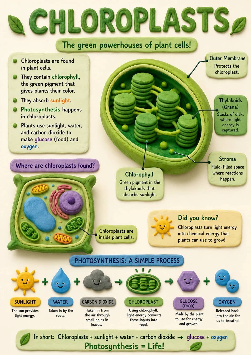 Chloroplasts infographic poster showing The green powerhouses of plant cells!, - Chloroplasts are found in plant cells., - They contain...