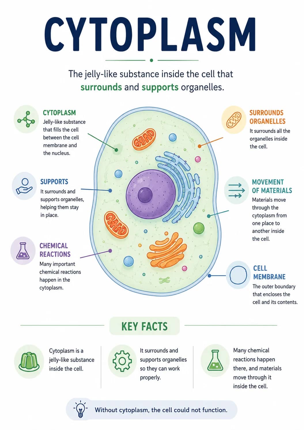 Cytoplasm infographic poster showing The jelly-like substance inside the cell that surrounds and supports organelles., KEY FACTS,...