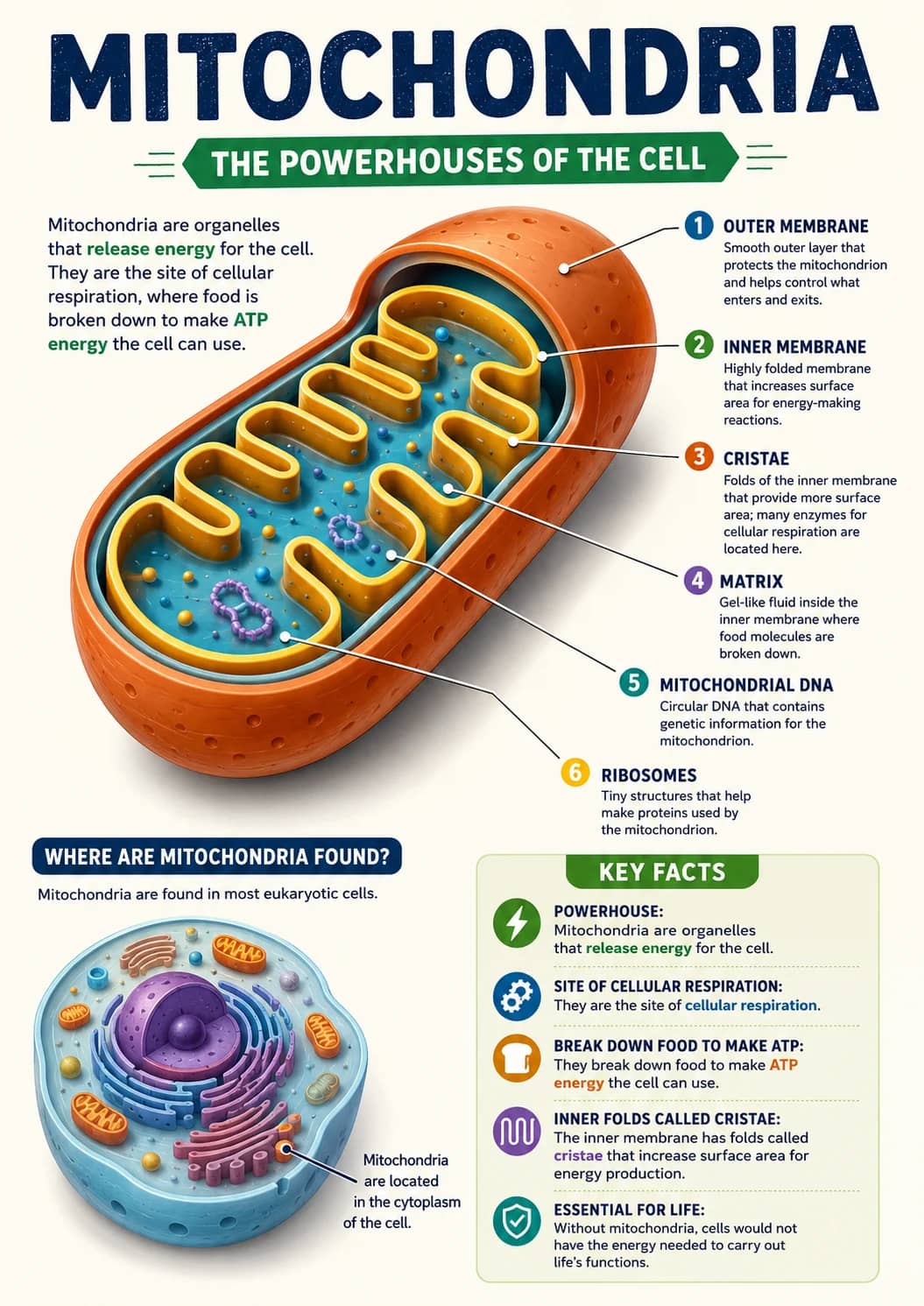 Cytoplasm infographic poster showing MITOCHONDRIA, THE POWERHOUSES OF THE CELL, 1 OUTER MEMBRANE, 2 INNER MEMBRANE and Highly folded...