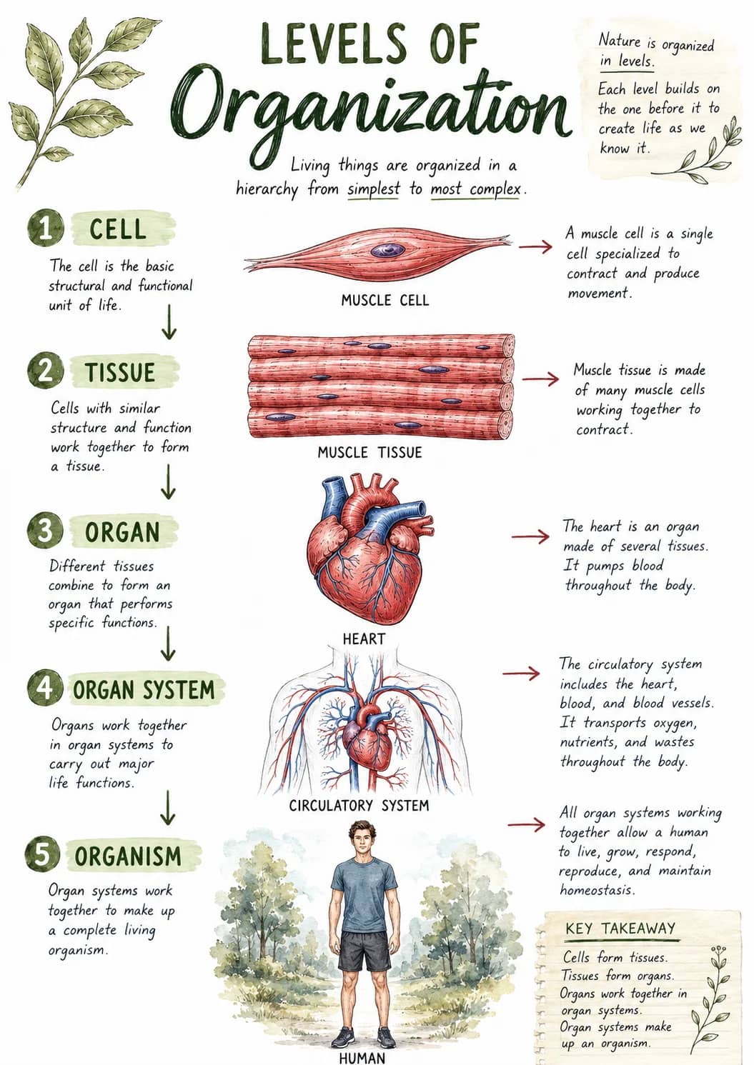 Levels of organization infographic poster showing Living things are organized in a hierarchy from simplest to most complex., Nature is...
