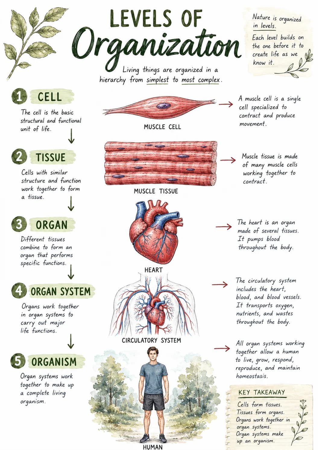 Levels of organization infographic poster with clear labels for Cells.