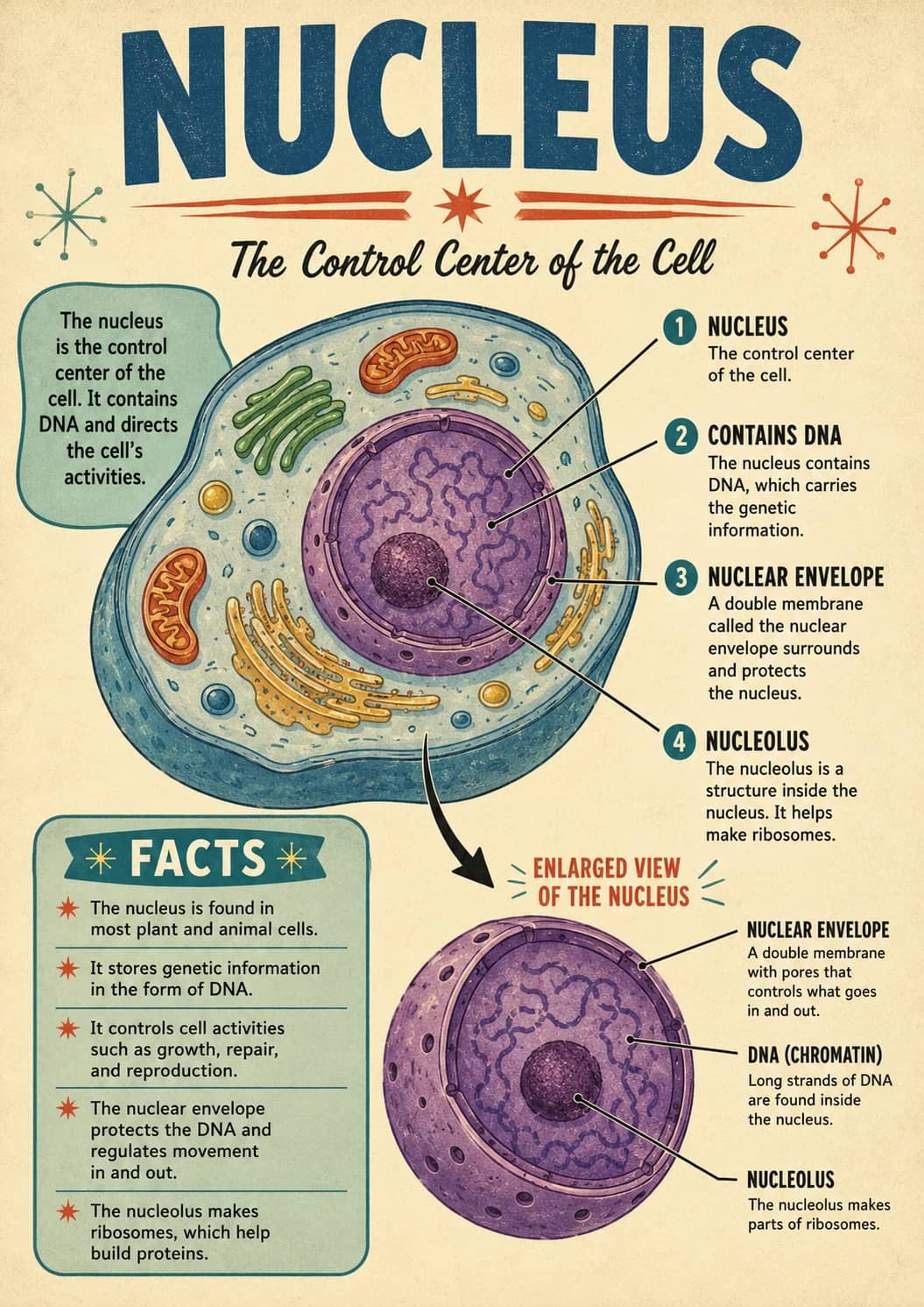 Nucleus infographic poster showing The Control Center of the Cell, 1 NUCLEUS, The control center of the cell., 2 CONTAINS DNA and The...