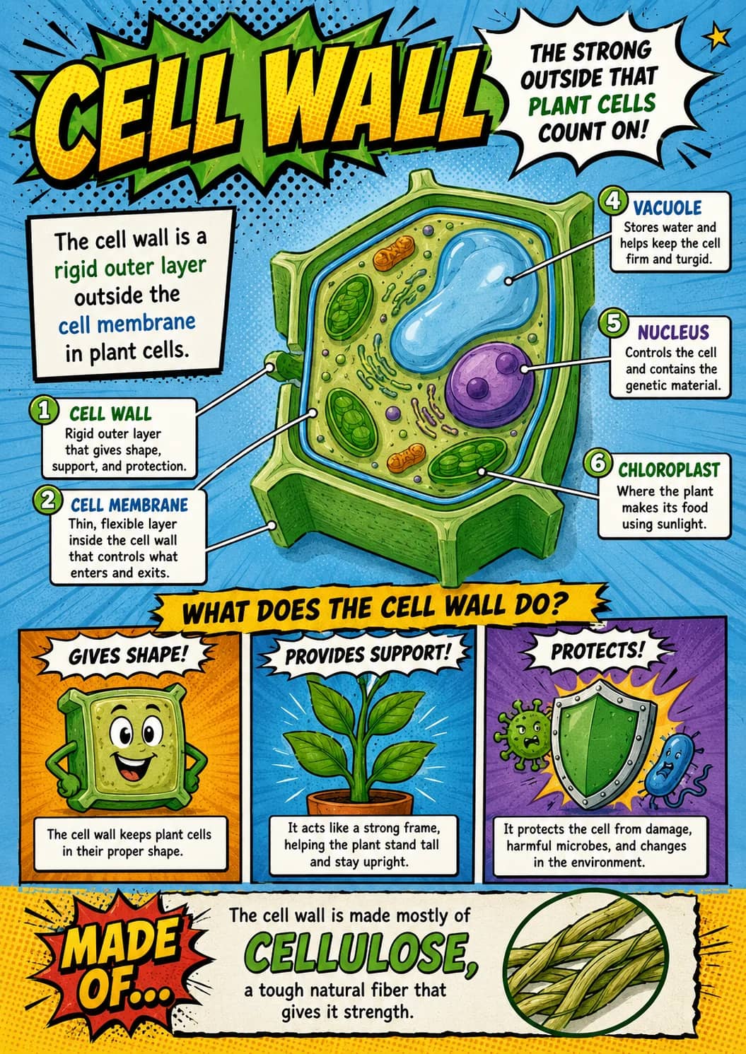 The Strong Outside That Plant Cells Count On! infographic poster showing CELL WALL, The cell wall is a rigid outer layer outside the cell...