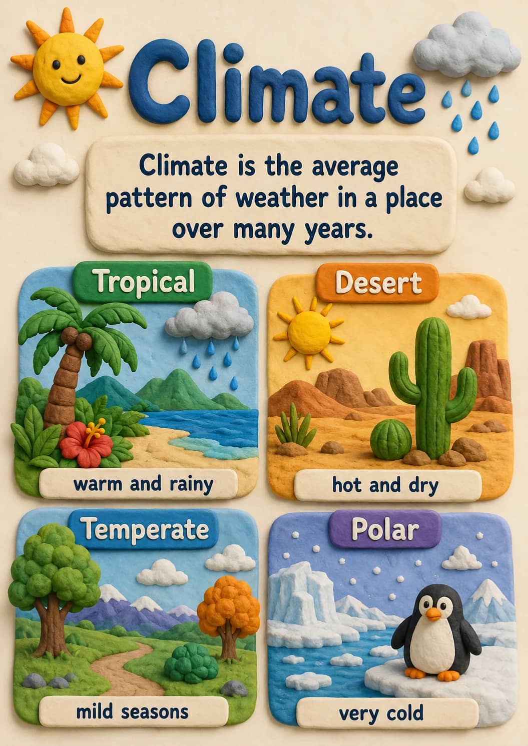 Climate infographic poster showing Climate is the average pattern of weather in a place over many years. for Earth and Space.