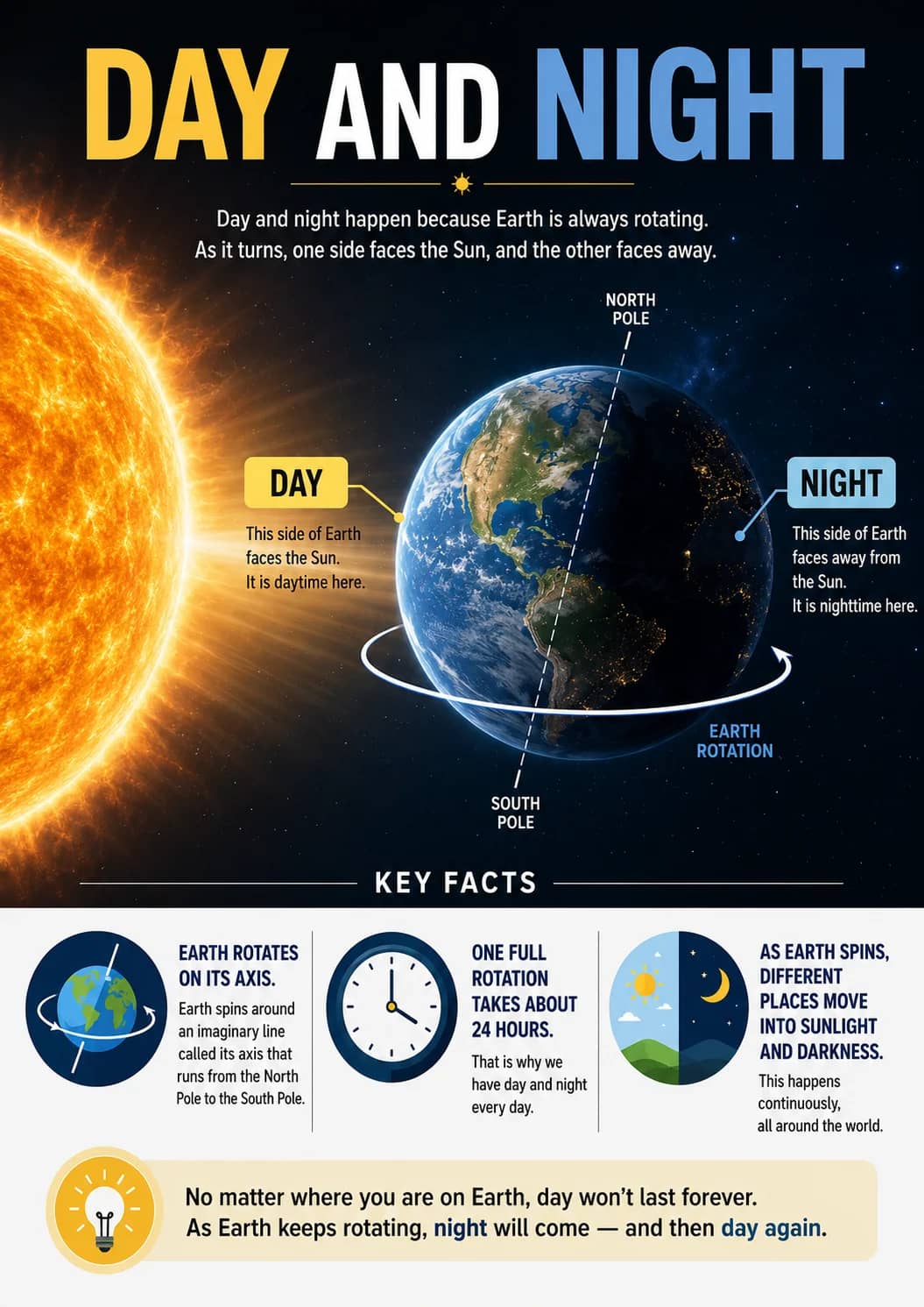 Day and Night infographic poster showing Day and night happen because Earth is always rotating., As it turns, one side faces the Sun, and...
