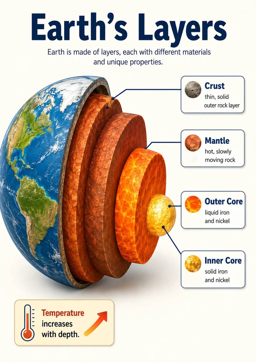 Earth's layers infographic poster showing Earth is made of layers, each with different materials and unique properties., Temperature,...