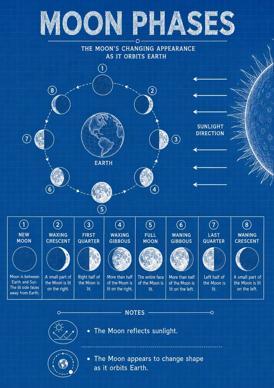 Moon Phases infographic poster showing THE MOON'S CHANGING APPEARANCE, AS IT ORBITS EARTH, --- --- --- --- --- --- --- ---, - The Moon...