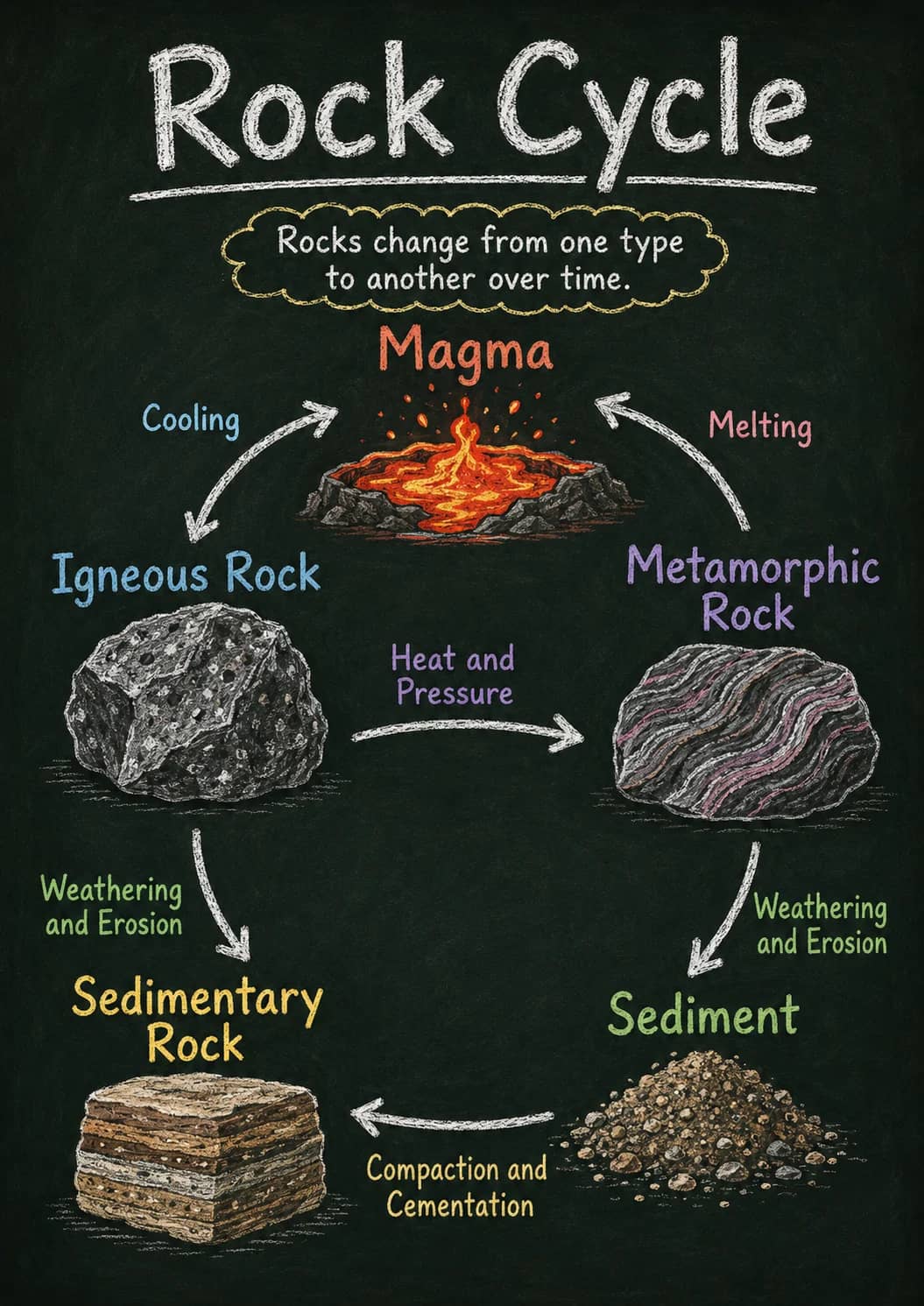 Rock Cycle infographic poster showing Rocks change from one type to another over time., Magma, Cooling, Melting and Igneous Rock for Earth...