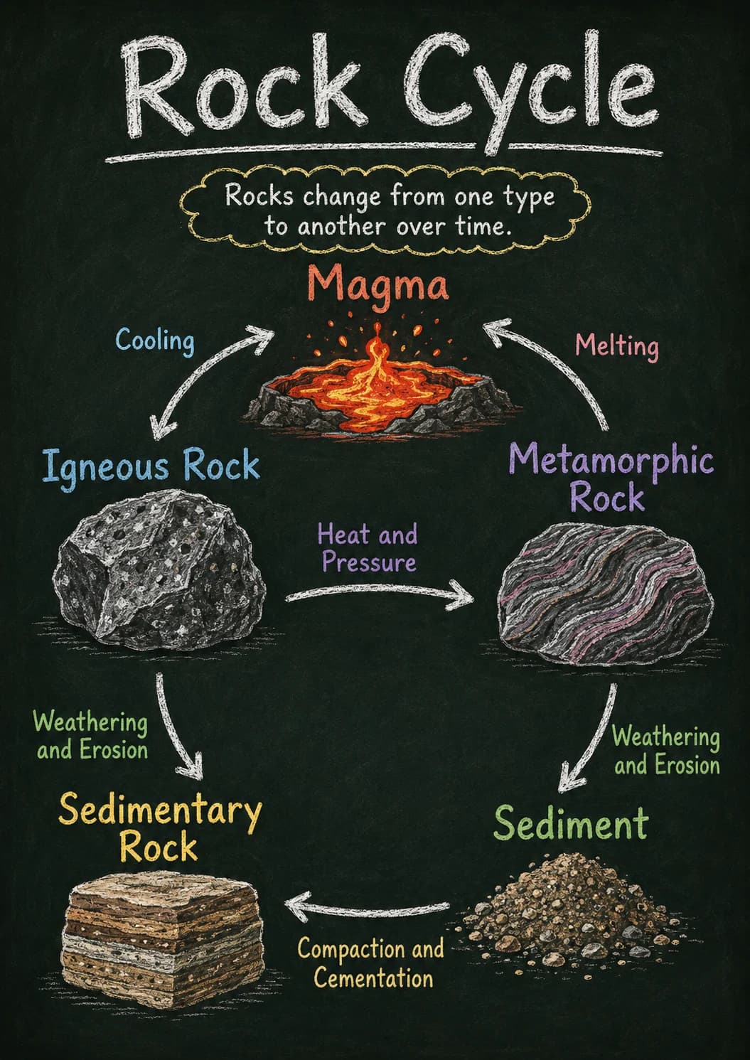 Rock Cycle infographic poster with clear labels for Earth and Space.