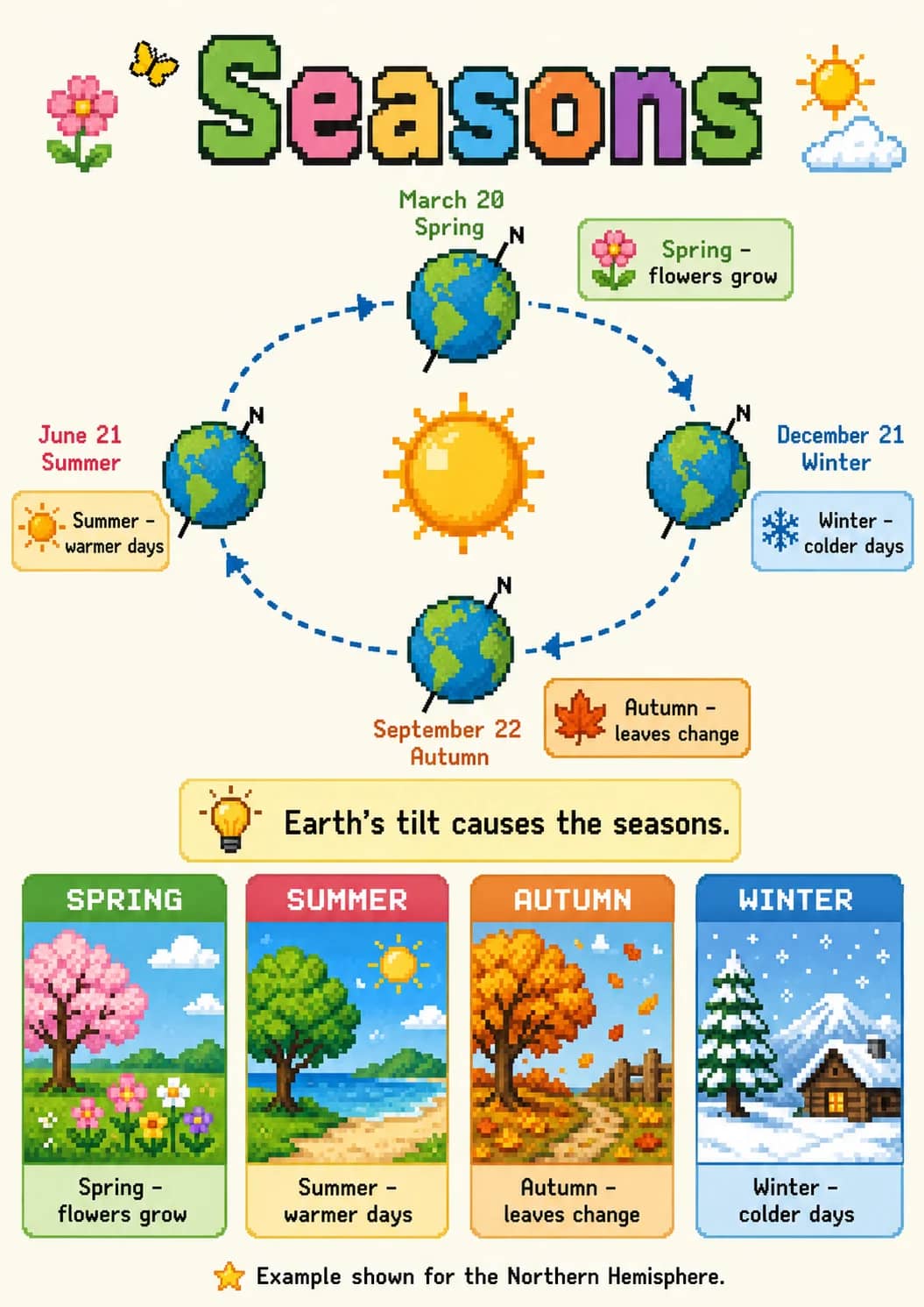 Seasons infographic poster showing Example shown for the Northern Hemisphere. for Earth and Space.