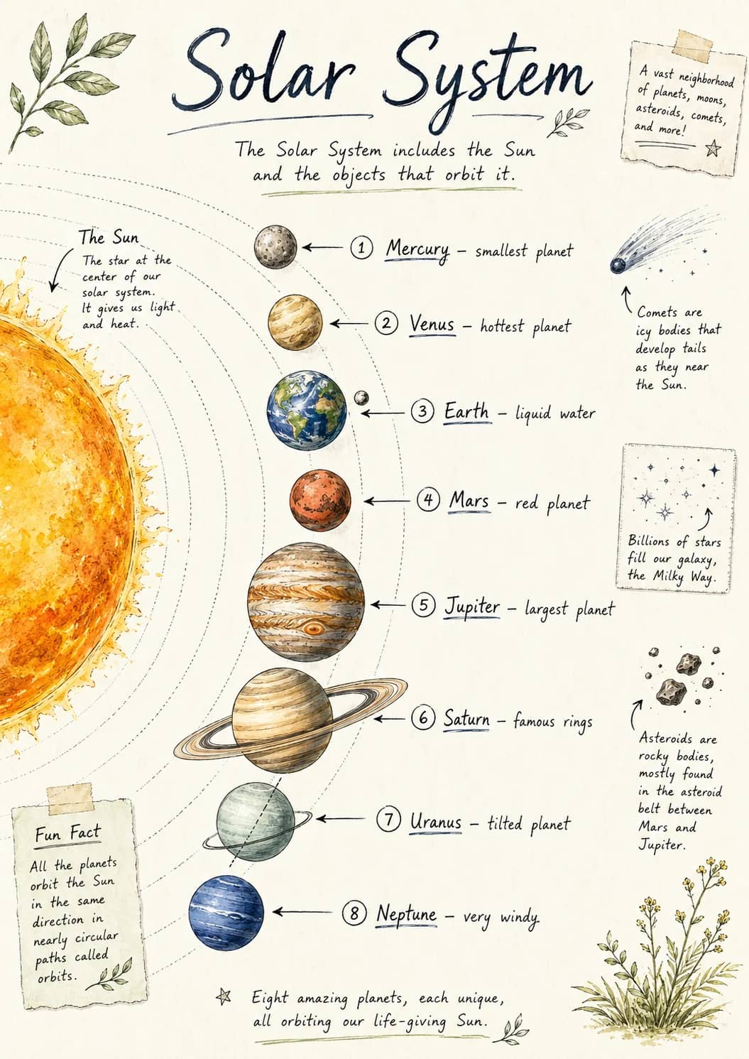 Solar System infographic poster showing The Solar System includes the Sun and the objects that orbit it., The Sun, The star at the center...