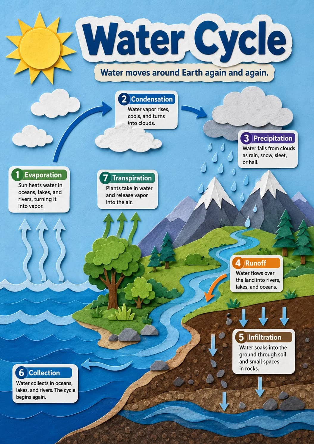 Water Cycle infographic poster showing Water moves around Earth again and again., 2 Condensation, Water vapor rises, cools, and turns into...