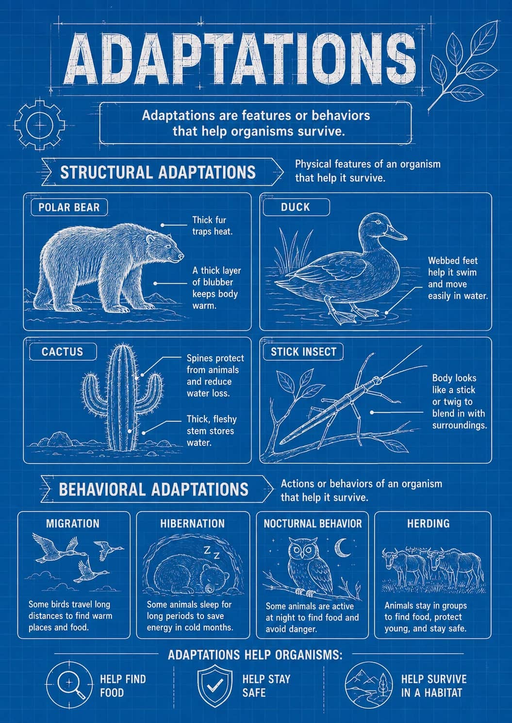 Adaptations infographic poster showing Adaptations are features or behaviors that help organisms survive., STRUCTURAL ADAPTATIONS,...