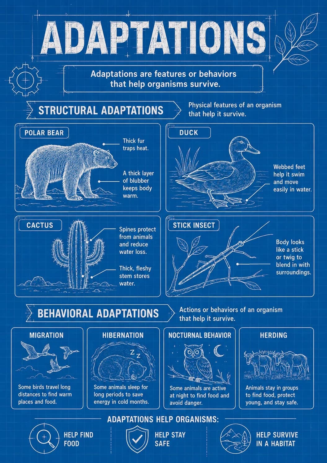 Adaptations infographic poster with clear labels for Ecosystems.
