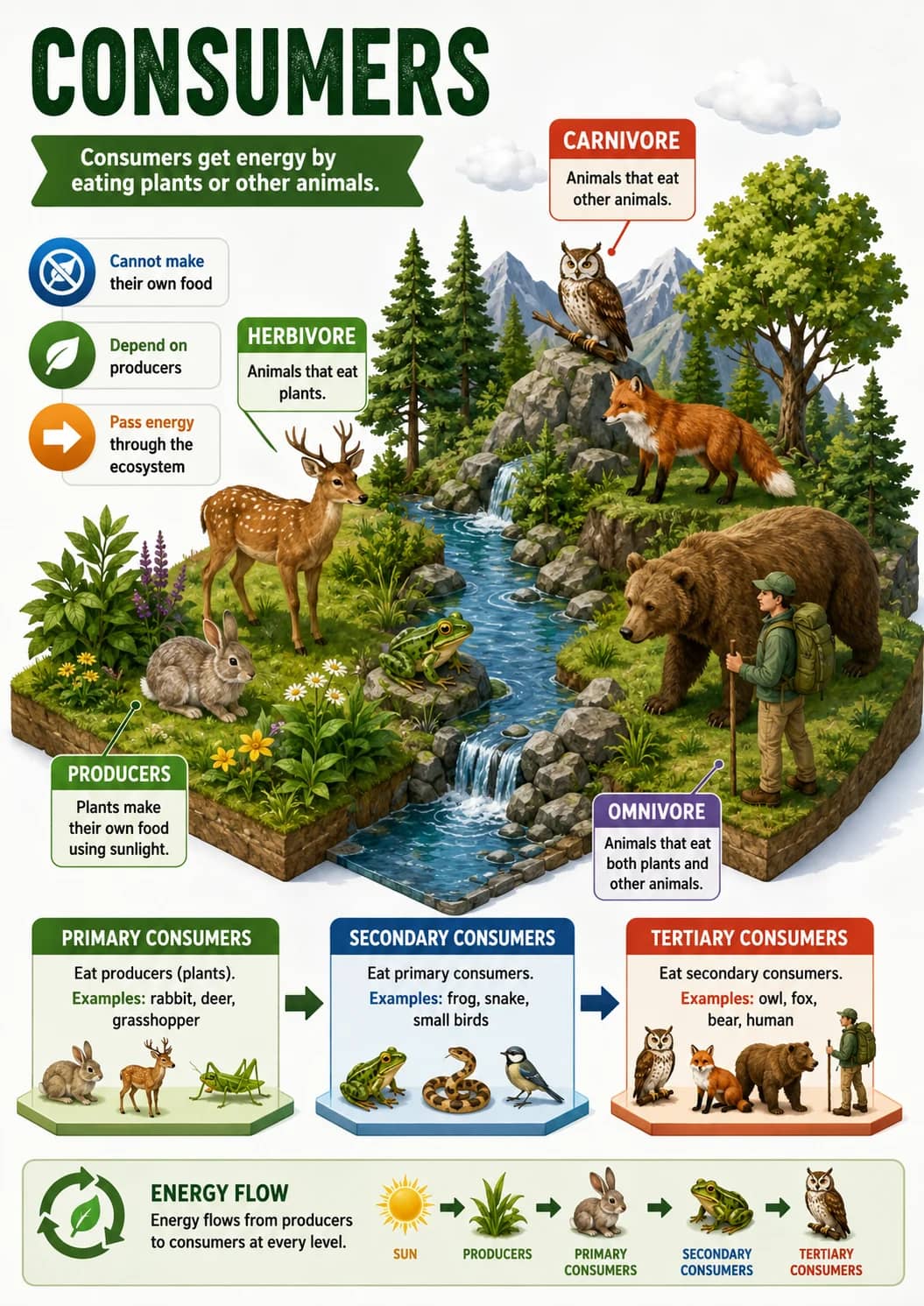 Consumers infographic poster showing Consumers get energy by eating plants or other animals., Cannot make their own food, Depend on...