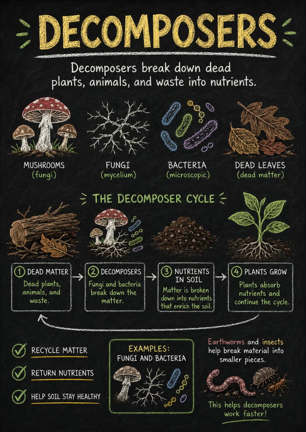 Decomposers infographic poster showing Decomposers break down dead plants, animals, and waste into nutrients., MUSHROOMS, FUNGI, BACTERIA...