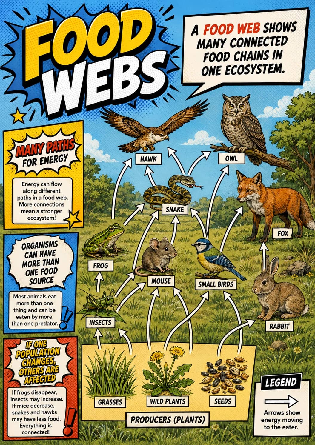 Food Webs infographic poster showing A FOOD WEB SHOWS, MANY CONNECTED, FOOD CHAINS IN, ONE ECOSYSTEM. and MANY PATHS FOR ENERGY for...