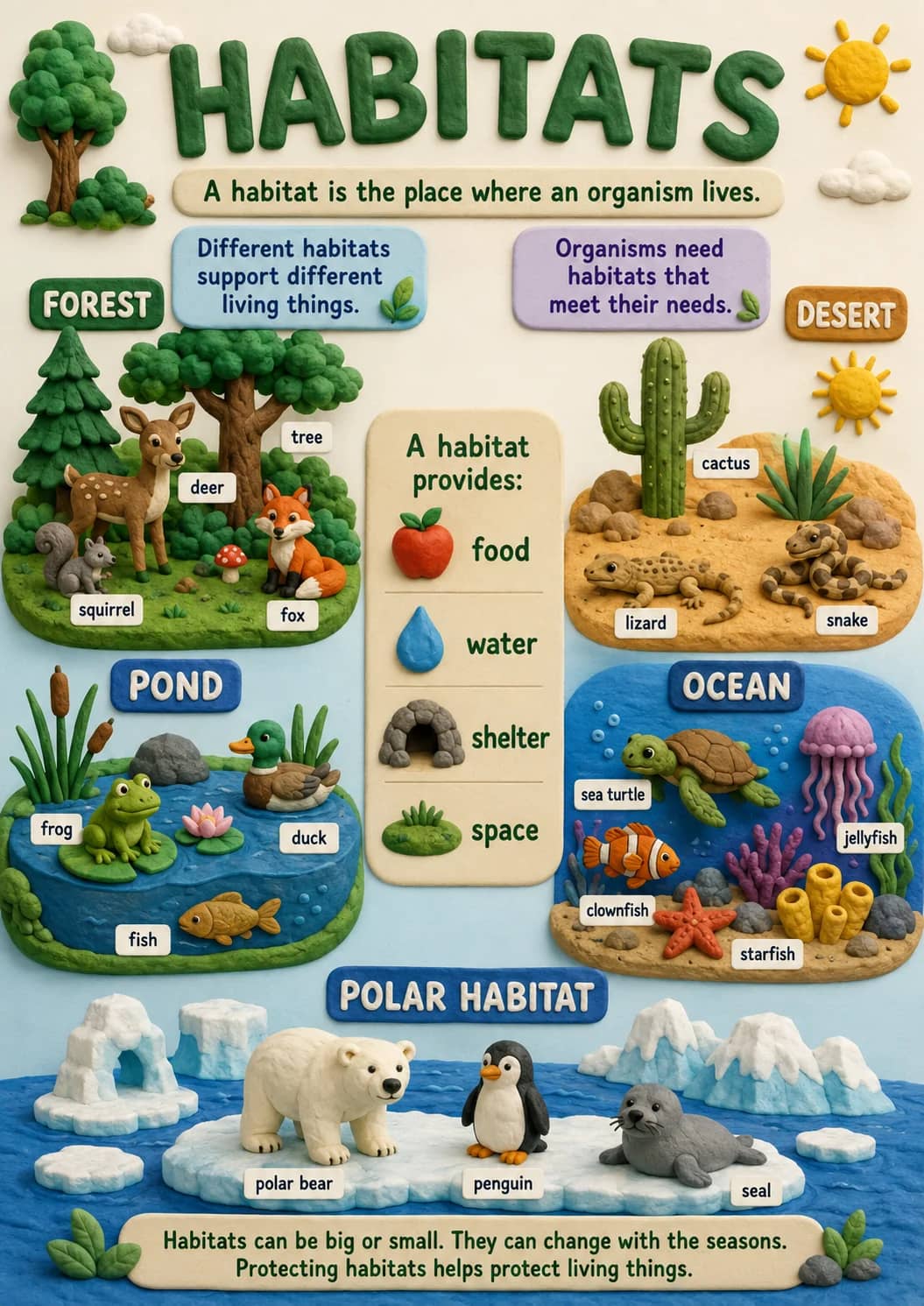 Habitats infographic poster showing A habitat is the place where an organism lives., Different habitats support different living things.,...