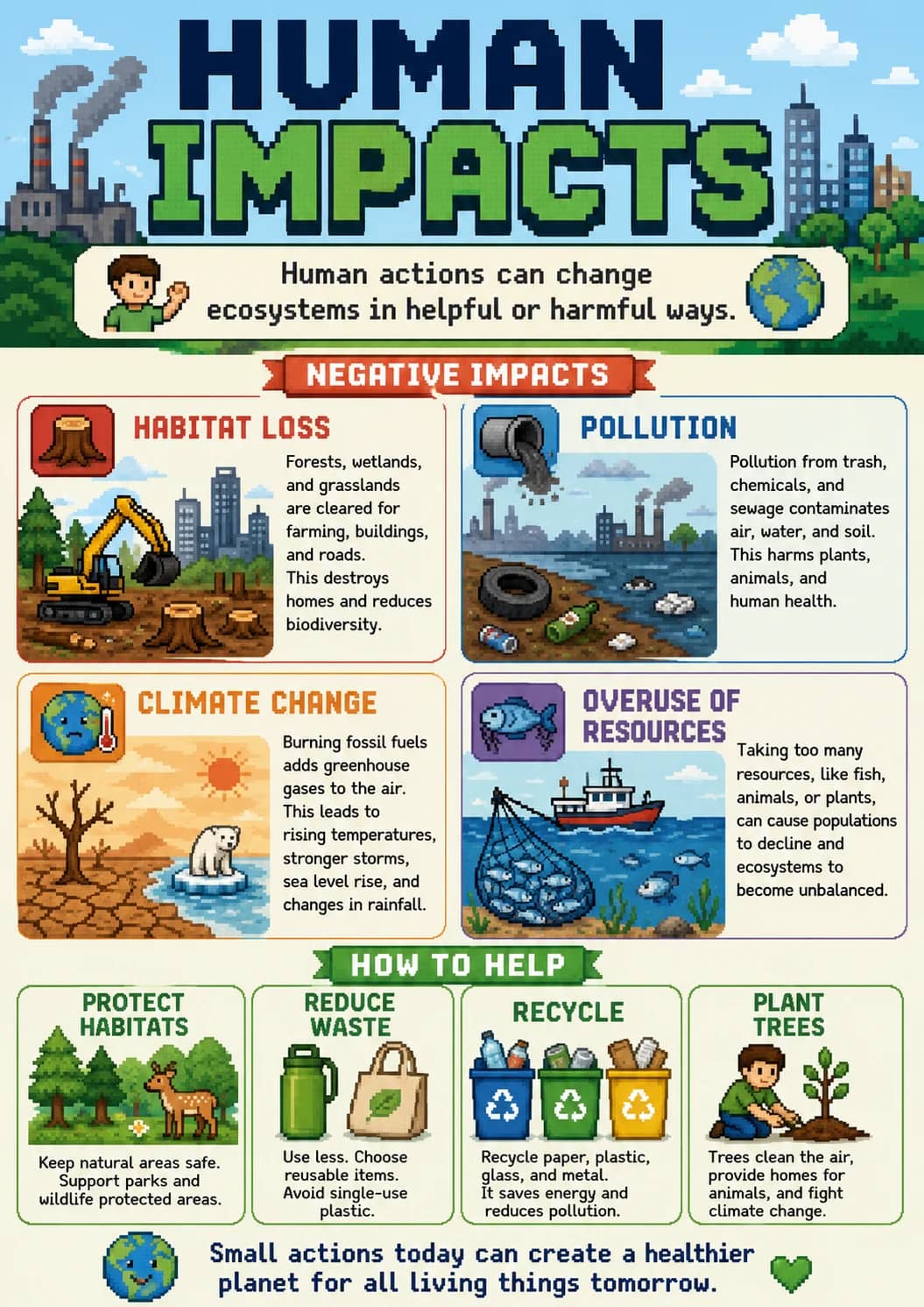 Human Impacts infographic poster showing Human actions can change ecosystems in helpful or harmful ways., NEGATIVE IMPACTS, HABITAT LOSS,...