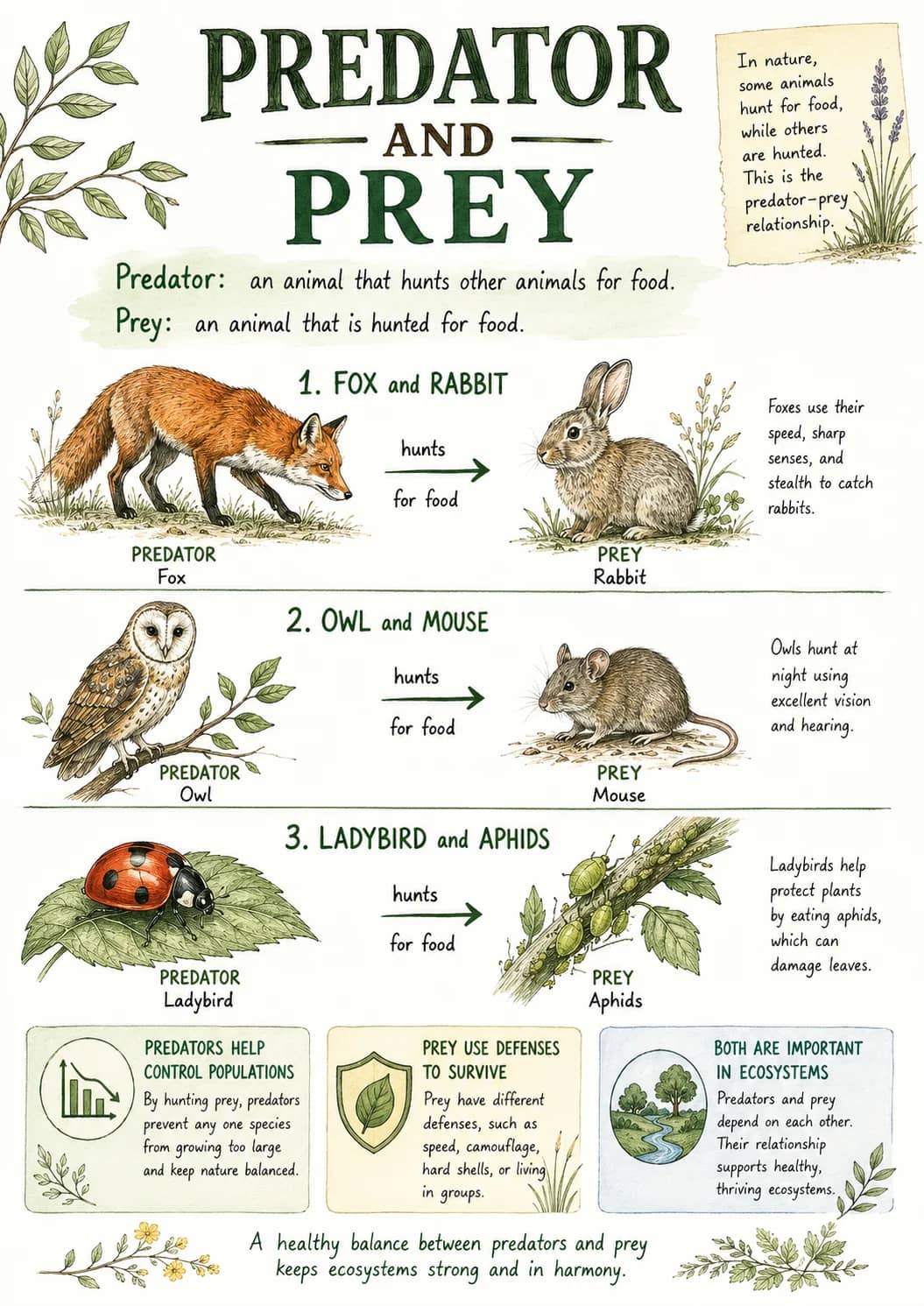 Predator and Prey infographic poster showing Predator: an animal that hunts other animals for food., Prey: an animal that is hunted for...