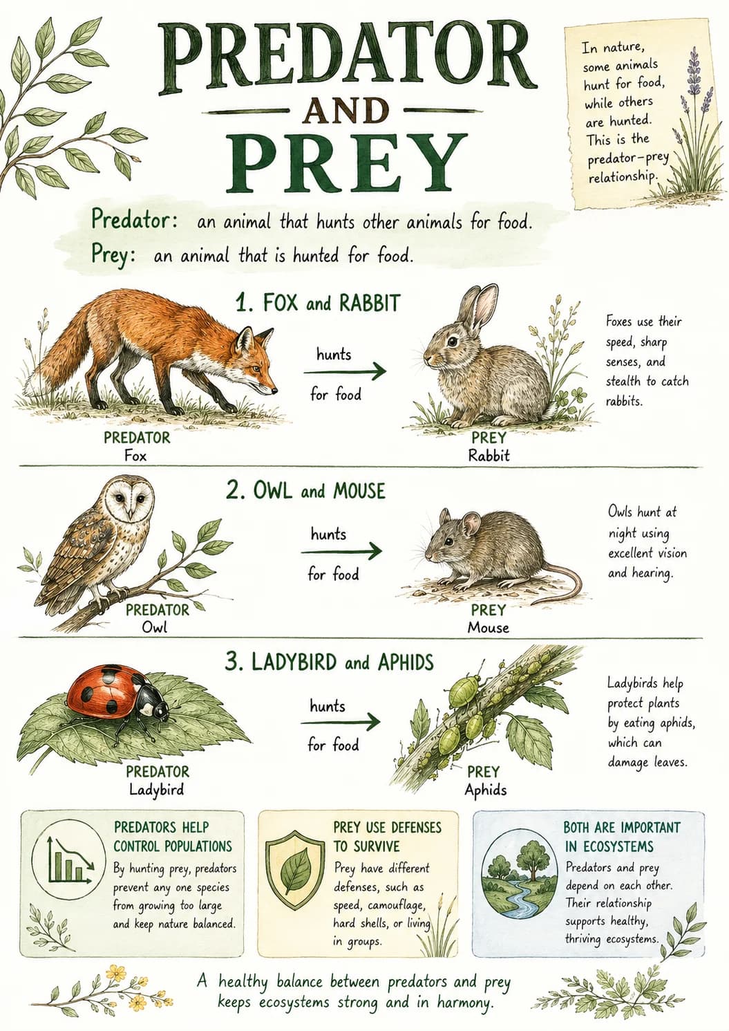 Predator and Prey infographic poster with clear labels for Ecosystems.