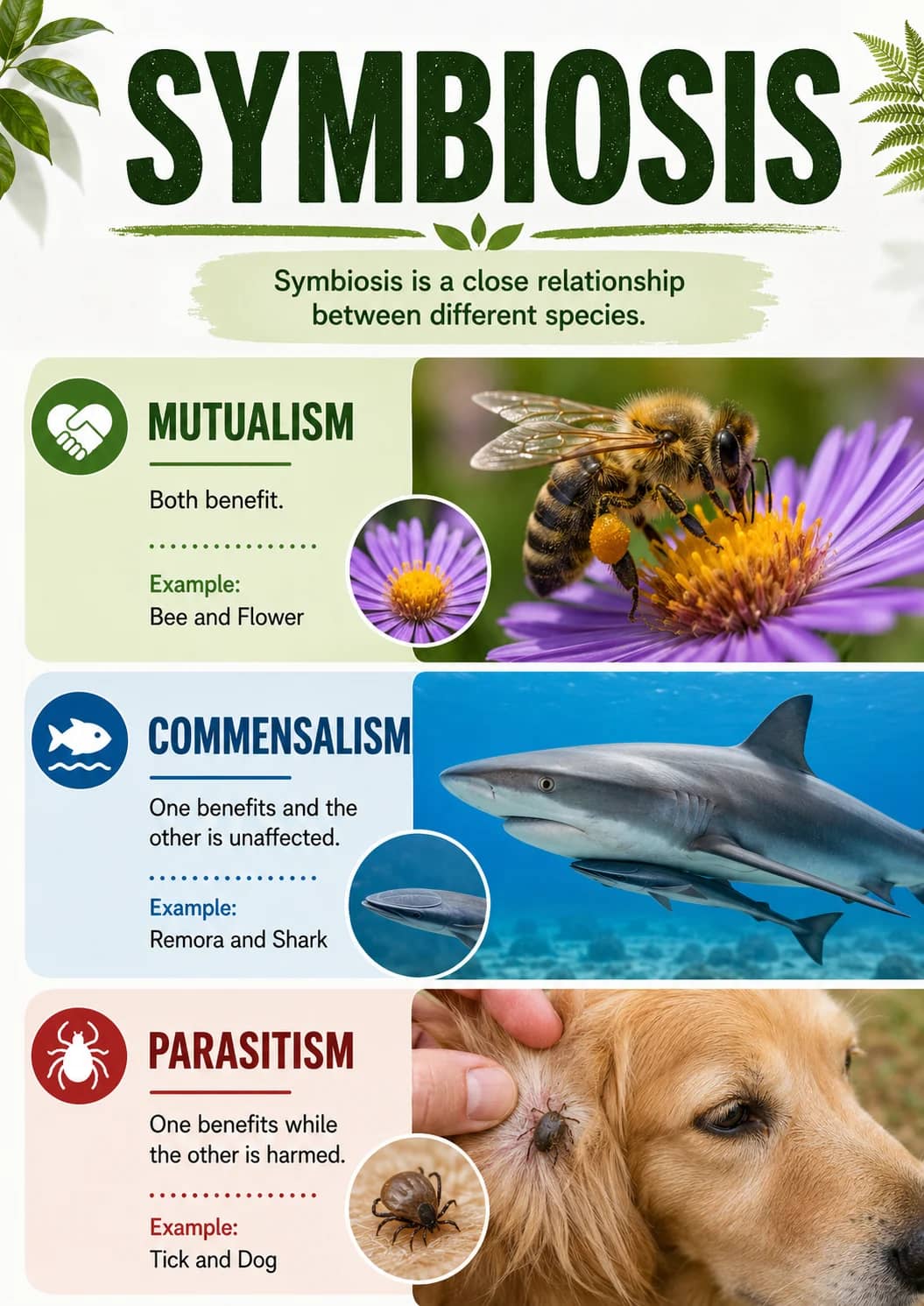 Symbiosis infographic poster showing Symbiosis is a close relationship between different species., MUTUALISM, Both benefit., Example: and...